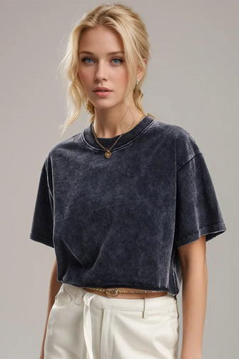 Womens Acid-Wash Cropped T-Shirt 100 Percent Cotton Black