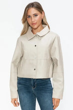 Womens beige cropped long sleeve PU leather jacket