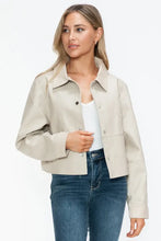 Womens Beige Cropped Long Sleeve PU Leather Jacket Woman Outerwear