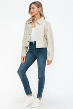 Womens Beige Cropped Long Sleeve PU Leather Jacket Woman Outerwear