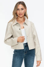 Womens Beige Cropped Long Sleeve PU Leather Jacket Woman Outerwear