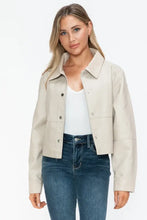Womens Beige Cropped Long Sleeve PU Leather Jacket Woman Outerwear