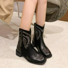 Womens Black and Brown Leather Cowboy Ankle Boots Black