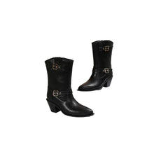 Women's Black and Brown Leather Cowboy Boots with Buckle Straps Black