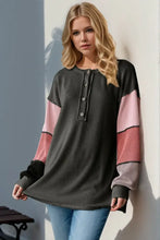 Womens Black and Pink Colorblock Waffle Knit Henley Sweater Black Woman T Shirts