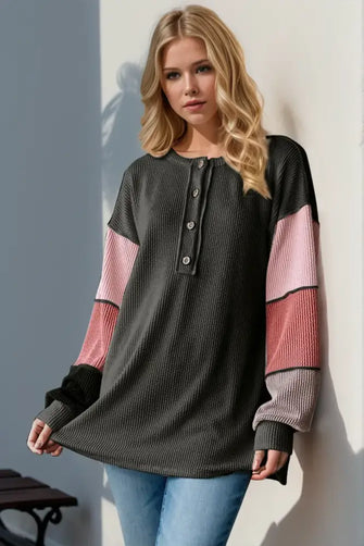 Womens Black and Pink Colorblock Waffle Knit Henley Sweater Black Woman T Shirts