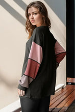 Womens Black and Pink Colorblock Waffle Knit Henley Sweater Woman T Shirts