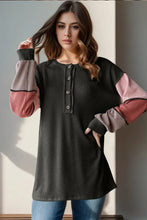 Womens Black and Pink Colorblock Waffle Knit Henley Sweater Woman T Shirts