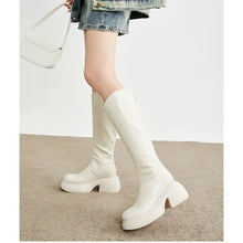 White knee-high platform boots for women featured in Womens Black and White Knee-High Platform Boots