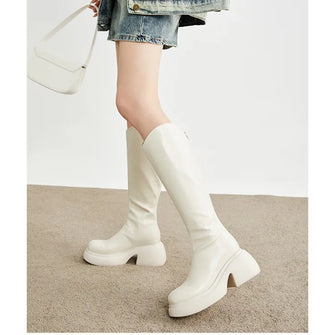 White knee-high platform boots for women featured in Womens Black and White Knee-High Platform Boots