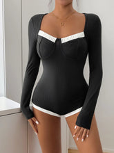 Womens Black and White Long Sleeve Stretch Bodysuit