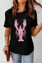 Womens black short-sleeve graphic round neck t-shirt with checkered lobster graphic