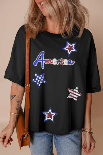 Womens Black Patriotic Star Sequin T-Shirt Black