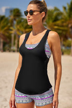 Womens Black Patterned Tankini Three Piece Swimsuit with Moderate Hem Width Lavender