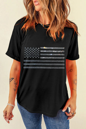 Womens Black Rhinestone American Flag T Shirt Black