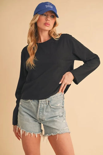 Womens Black Round Neck Long Sleeve Shirt and Denim Shorts Set BLACK