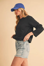 Womens Black Round Neck Long Sleeve Shirt and Denim Shorts Set