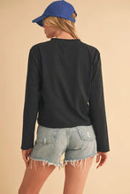 Womens Black Round Neck Long Sleeve Shirt and Denim Shorts Set