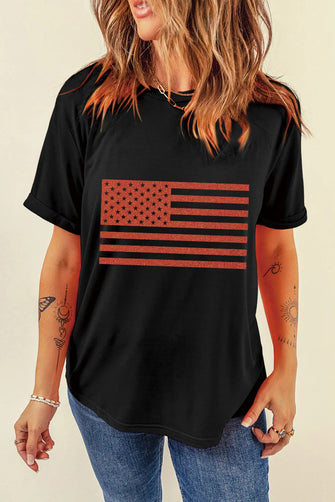 Womens Black T Shirt with American Flag Graphic Black