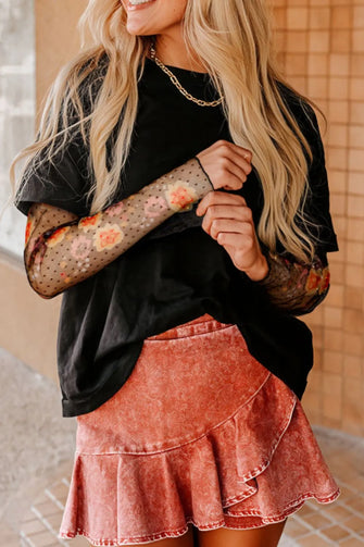 Women’s Black T-Shirt with Floral Mesh Sleeves and Lace Detail Black