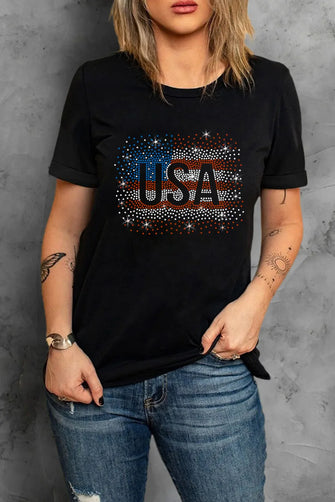 Womens Black T Shirt with Rhinestone American Flag Design Black
