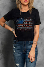 Womens Black T Shirt with Rhinestone American Flag Design
