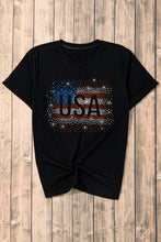 Womens Black T Shirt with Rhinestone American Flag Design