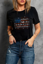 Womens Black T Shirt with Rhinestone American Flag Design