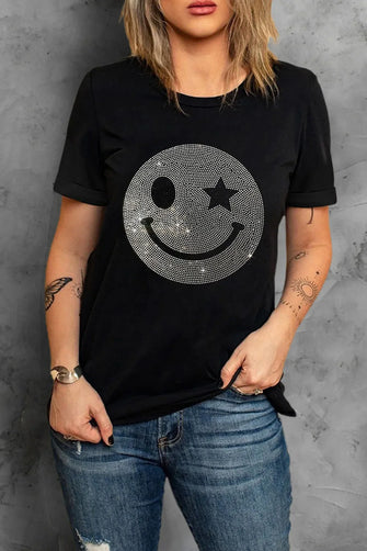 Womens Black T Shirt with Rhinestone Smiley Face Black