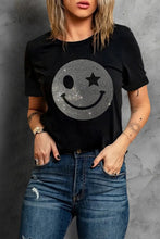 Womens Black T Shirt with Rhinestone Smiley Face