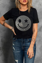 Womens Black T Shirt with Rhinestone Smiley Face