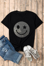 Womens Black T Shirt with Rhinestone Smiley Face