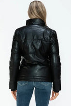 Womens black turtleneck black puffer jacket with pocketed zip front