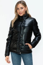 Womens Black Turtleneck Puffer Jacket with Pocketed Zip Up Front