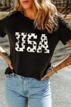 Womens Black USA Star Design T Shirt Stretch Cotton Blend