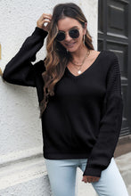 Women's Black V Neck Knit Sweater Long Sleeve Pullover