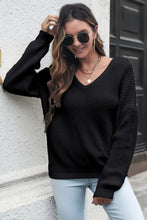 Women's Black V Neck Knit Sweater Long Sleeve Pullover Sweater Pullovers