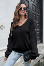 Women's Black V Neck Knit Sweater Long Sleeve Pullover Black