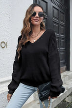 Women's Black V Neck Knit Sweater Long Sleeve Pullover Black Sweater Pullovers