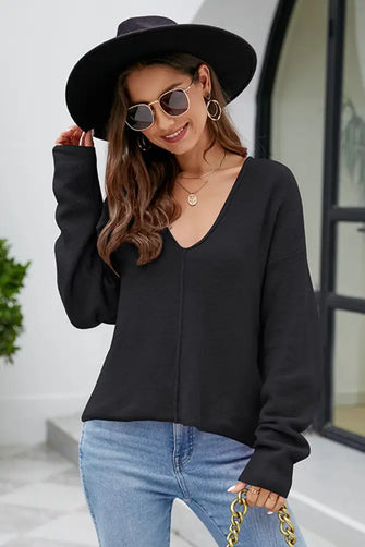 Womens Black V Neck Sweater with Regular Sleeve Length Black Sweater Pullovers