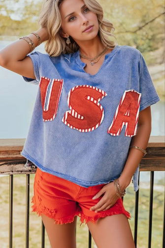 Womens Blue USA Graphic T-Shirt and Red Shorts Set Dusty Blue