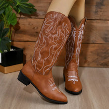 Women’s Brown Cowboy Boots with White Embroidery Woman Boots