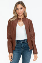 Womens Brown Faux Leather Biker Jacket with Zip Pockets Brandy
