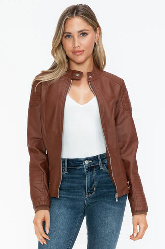 Womens Brown Faux Leather Biker Jacket with Zip Pockets Brandy