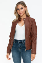 Womens Brown Faux Leather Biker Jacket with Zip Pockets