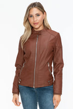 Womens Brown Faux Leather Biker Jacket with Zip Pockets