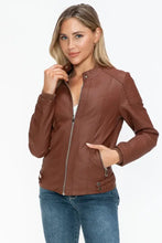 Womens Brown Faux Leather Biker Jacket with Zip Pockets Woman Outerwear