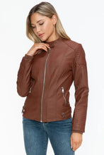 Womens Brown Faux Leather Biker Jacket with Zip Pockets Woman Outerwear