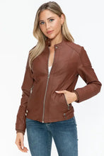 Womens Brown Faux Leather Biker Jacket with Zip Pockets Woman Outerwear