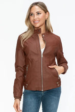 Womens Brown Faux Leather Biker Jacket with Zip Pockets Woman Outerwear